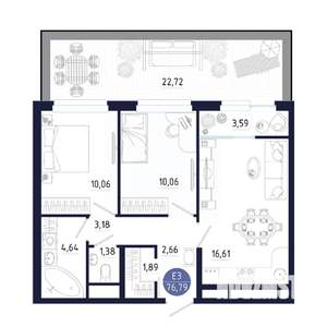 3-к квартира, строящийся дом, 77м2, 1/25 этаж