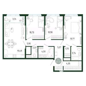 3-к квартира, строящийся дом, 86м2, 2/25 этаж