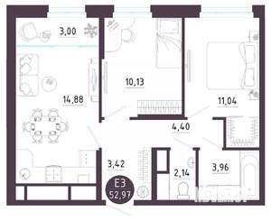 2-к квартира, вторичка, 53м2, 2/10 этаж