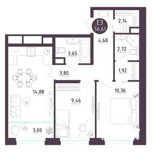 2-к квартира, вторичка, 57м2, 9/10 этаж
