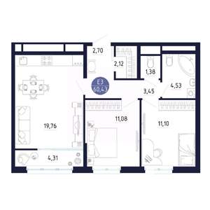 2-к квартира, вторичка, 60м2, 21/25 этаж