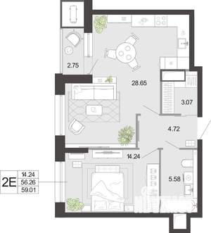 1-к квартира, вторичка, 59м2, 18/21 этаж