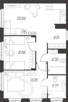 2-к квартира, вторичка, 57м2, 3/16 этаж