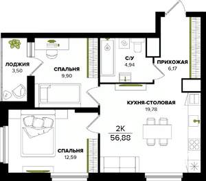 2-к квартира, вторичка, 57м2, 23/25 этаж