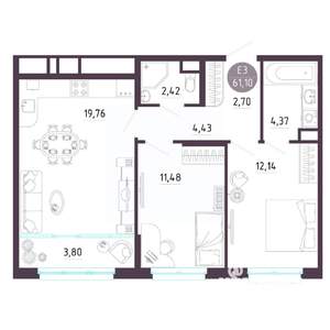 2-к квартира, строящийся дом, 61м2, 8/10 этаж