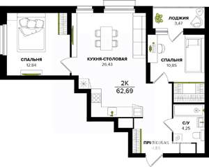 2-к квартира, вторичка, 63м2, 25/25 этаж