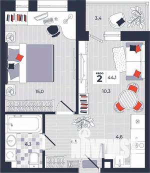 2-к квартира, строящийся дом, 44м2, 2/14 этаж