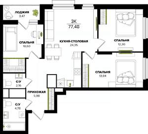 3-к квартира, вторичка, 77м2, 25/25 этаж