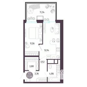 1-к квартира, строящийся дом, 52м2, 1/10 этаж