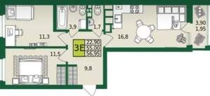 3-к квартира, строящийся дом, 57м2, 7/9 этаж