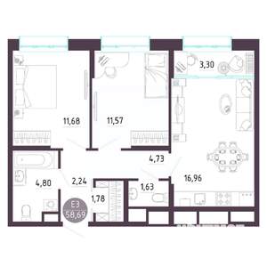 2-к квартира, строящийся дом, 59м2, 8/10 этаж