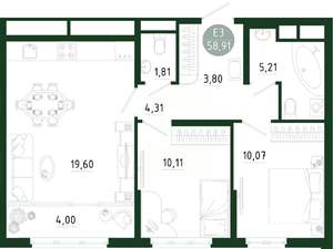 2-к квартира, строящийся дом, 59м2, 25/25 этаж