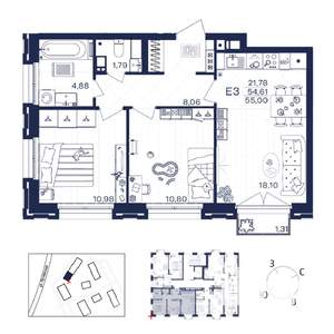 2-к квартира, строящийся дом, 55м2, 3/15 этаж