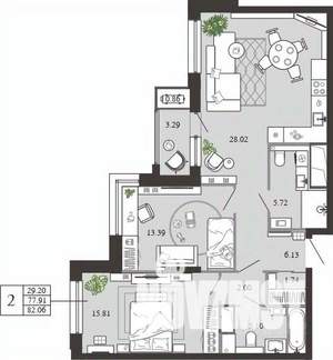 2-к квартира, вторичка, 82м2, 5/21 этаж