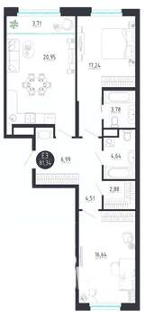 2-к квартира, строящийся дом, 81м2, 7/8 этаж