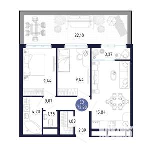3-к квартира, строящийся дом, 73м2, 1/25 этаж