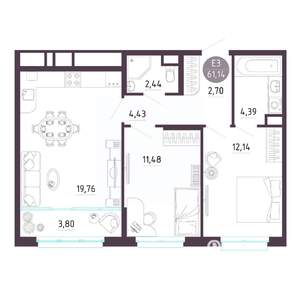 2-к квартира, строящийся дом, 61м2, 5/10 этаж