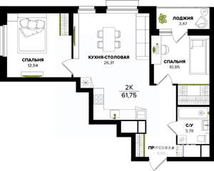 2-к квартира, строящийся дом, 62м2, 10/25 этаж