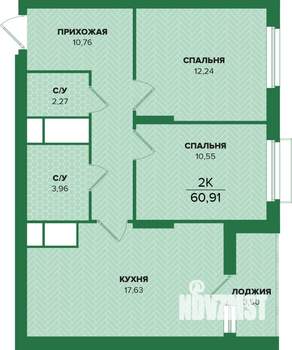 2-к квартира, вторичка, 61м2, 18/25 этаж