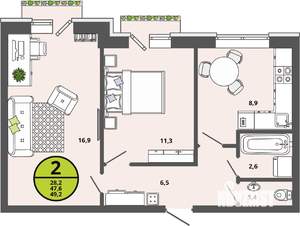 2-к квартира, строящийся дом, 48м2, 2/3 этаж