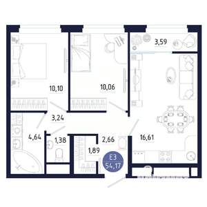 2-к квартира, вторичка, 54м2, 12/25 этаж
