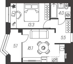 1-к квартира, строящийся дом, 45м2, 18/24 этаж