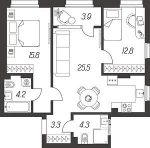 3-к квартира, строящийся дом, 70м2, 20/24 этаж