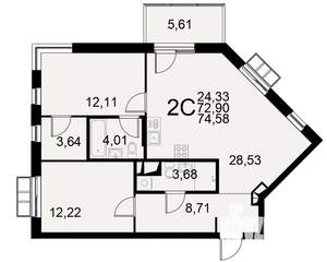 2-к квартира, строящийся дом, 73м2, 4/11 этаж