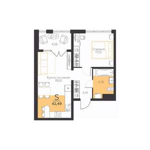 1-к квартира, строящийся дом, 42м2, 4/5 этаж