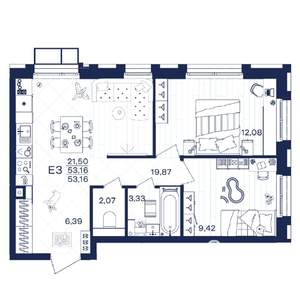 2-к квартира, строящийся дом, 53м2, 2/15 этаж