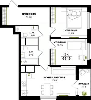 2-к квартира, вторичка, 66м2, 23/25 этаж