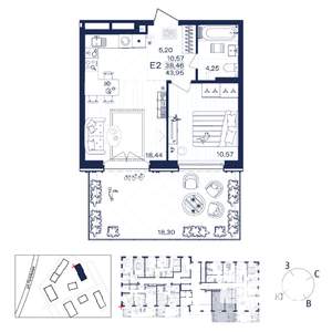 1-к квартира, строящийся дом, 44м2, 1/15 этаж