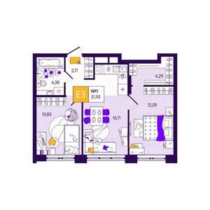 2-к квартира, вторичка, 52м2, 1/12 этаж