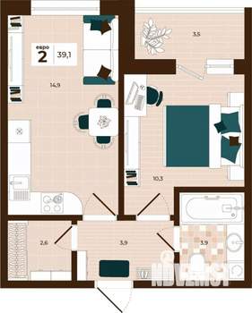 2-к квартира, вторичка, 39м2, 4/14 этаж