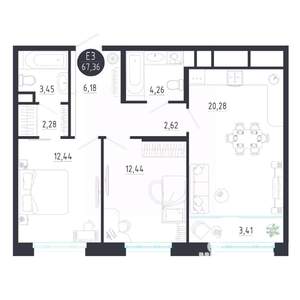 2-к квартира, строящийся дом, 67м2, 5/8 этаж