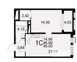 1-к квартира, вторичка, 49м2, 9/16 этаж