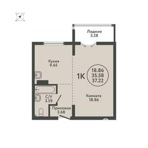 1-к квартира, вторичка, 37м2, 6/9 этаж