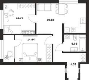 2-к квартира, строящийся дом, 56м2, 1/25 этаж