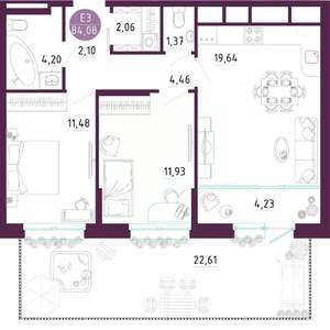 2-к квартира, вторичка, 84м2, 1/10 этаж