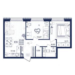 2-к квартира, строящийся дом, 53м2, 1/15 этаж