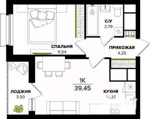 1-к квартира, строящийся дом, 39м2, 20/25 этаж