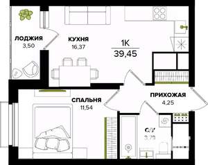 1-к квартира, строящийся дом, 39м2, 2/25 этаж