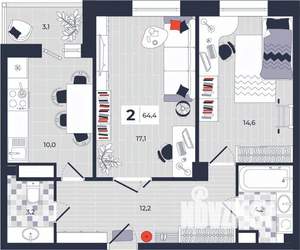 2-к квартира, строящийся дом, 64м2, 5/14 этаж