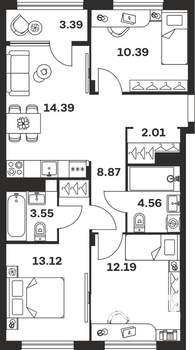 3-к квартира, вторичка, 72м2, 8/15 этаж