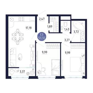 2-к квартира, строящийся дом, 53м2, 8/25 этаж