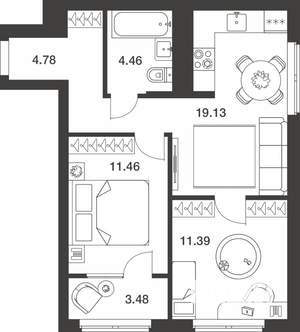 2-к квартира, вторичка, 55м2, 6/25 этаж