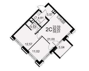 2-к квартира, строящийся дом, 57м2, 2/11 этаж