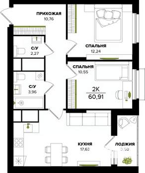 2-к квартира, вторичка, 61м2, 20/25 этаж