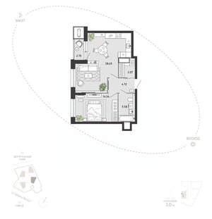 1-к квартира, вторичка, 59м2, 6/21 этаж