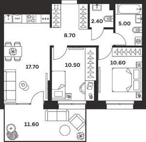 2-к квартира, строящийся дом, 58м2, 1/24 этаж